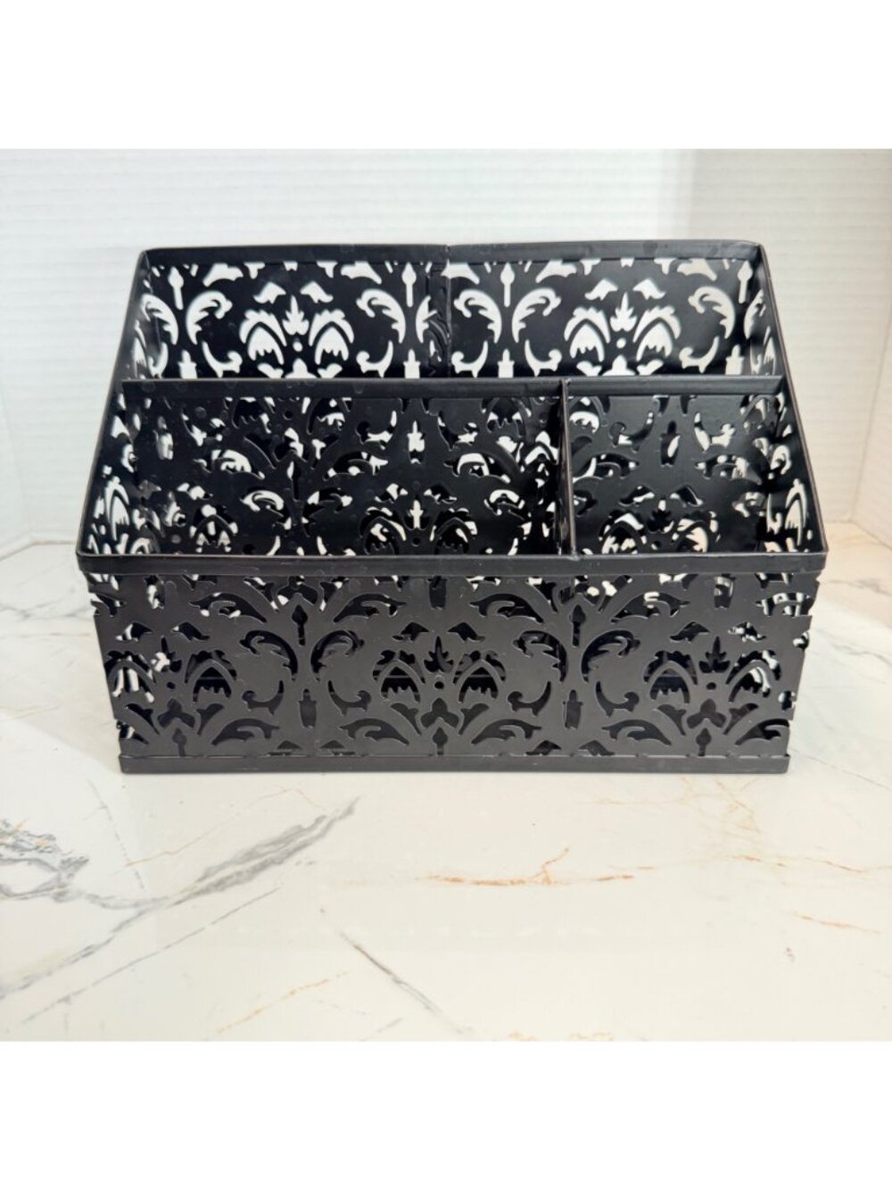Black Metal Cutout Desk Organizer Caddy – 3 Compartments, ornate, scrollwork, Bo
